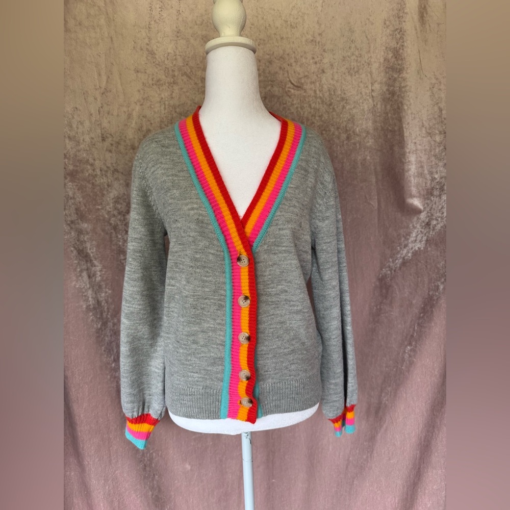 Andrée by Unit Gray Knit Cardigan with Rainbow Trim Size S
